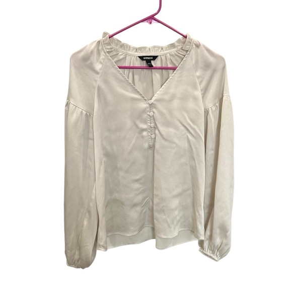 NWOT Express Satin Balloon Sleeve Ruffle Neck Blouse in Ivory Size S - Picture 1 of 5